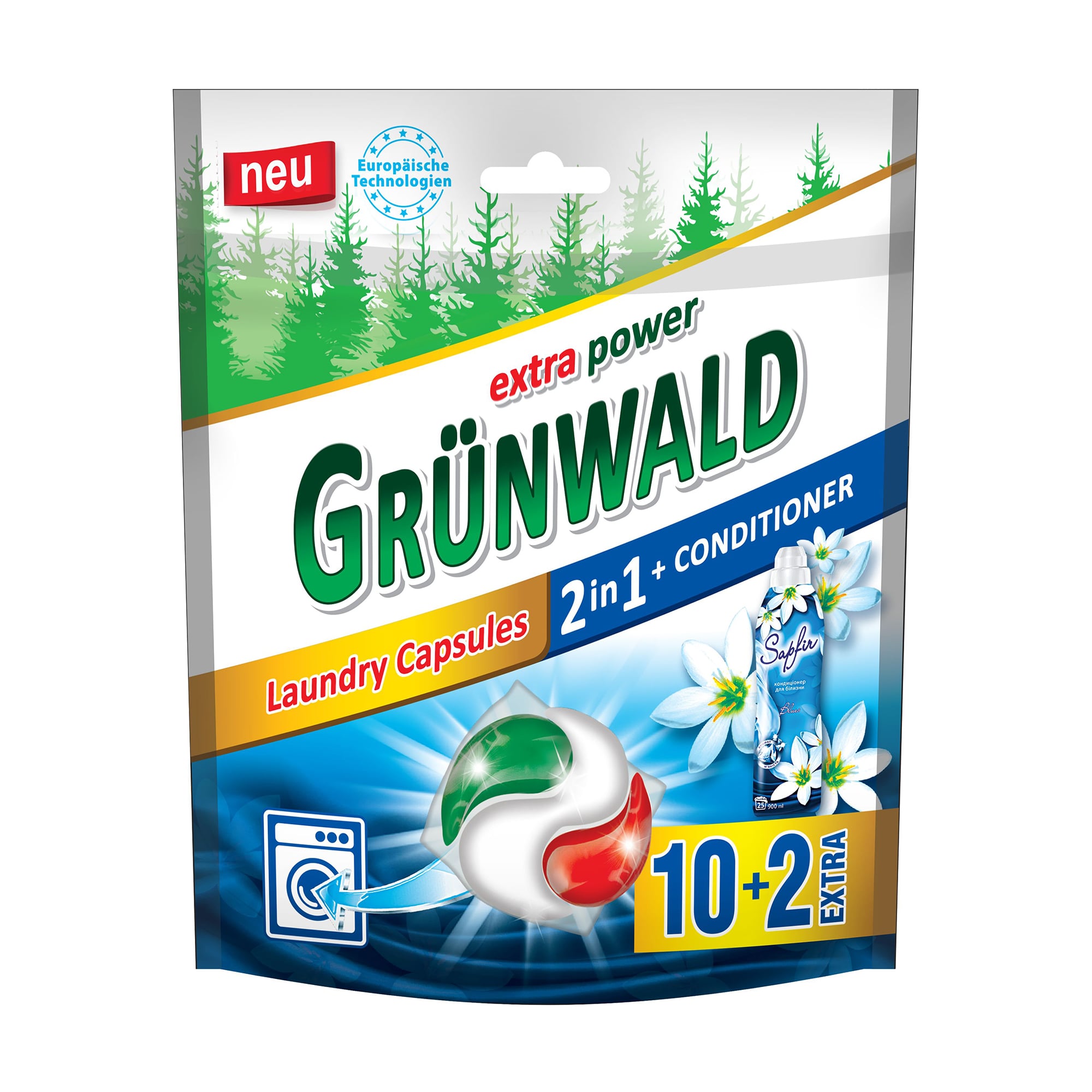 Капсули для прання 2 в 1 Grunwald з ополіскувачем, 12 циклів прання, 12 шт